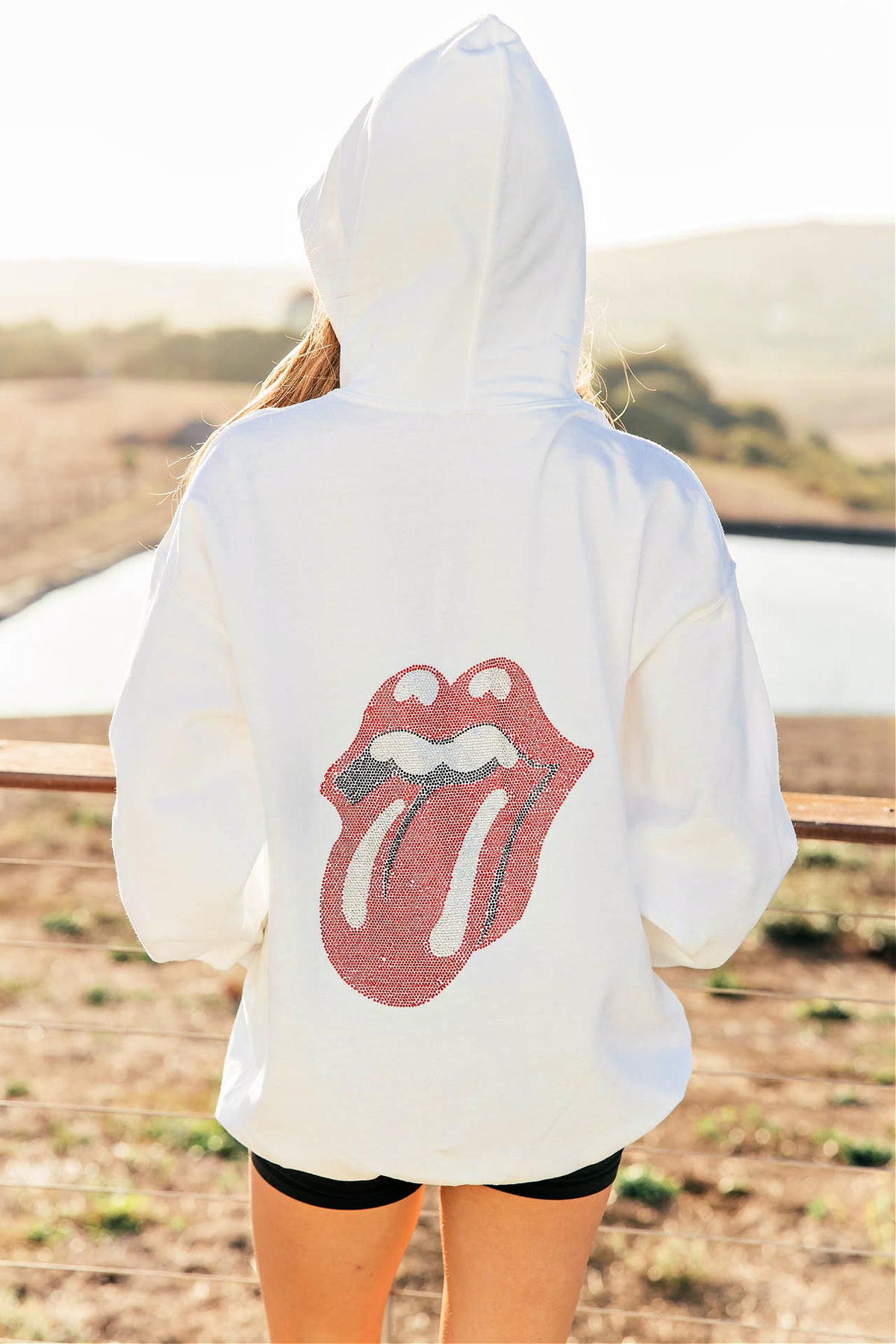Crystal Drawstring Sweatshirt w Rhinestone Lips 2 Colors