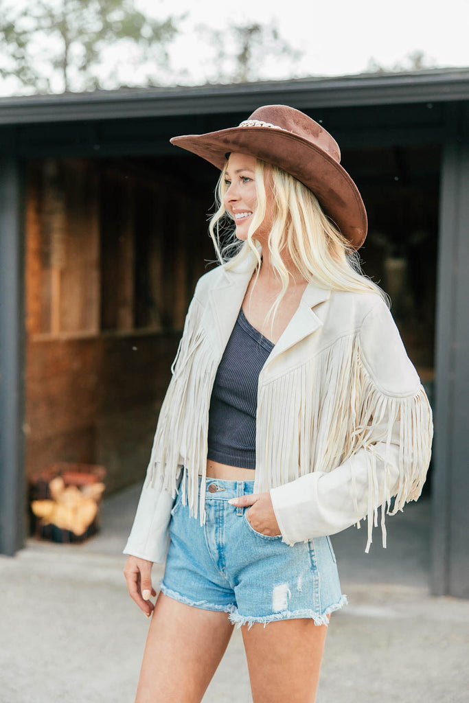 NEW!! Cropped Fringe Faux Suede Jacket in Cream