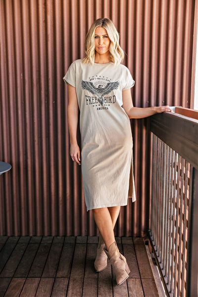 “Freebird Eagle” Graphic T-Shirt Dress in Tan