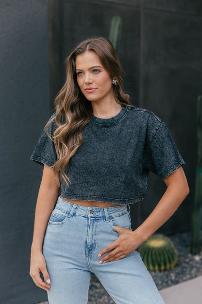 The “Brooklyn" Cropped Rhinestone Tee in Washed Black