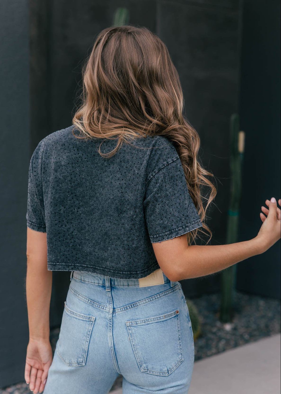 The “Brooklyn" Cropped Rhinestone Tee in Washed Black