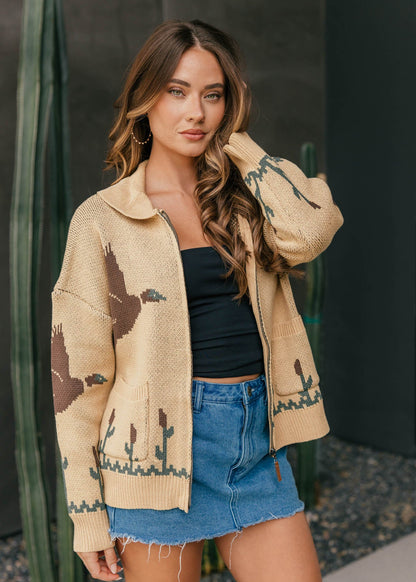Duck Knit Cardigan in Tan