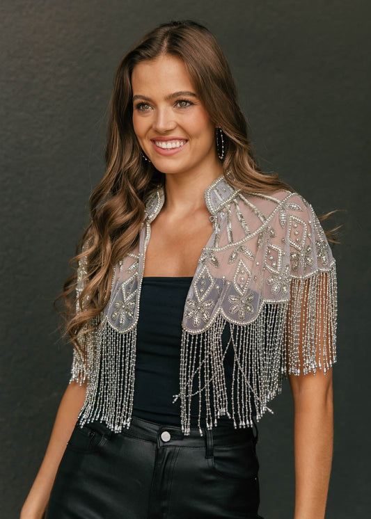 "VIP" Beaded Fringe Cape in Silver