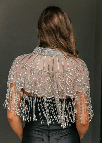 "VIP" Beaded Fringe Cape in Silver
