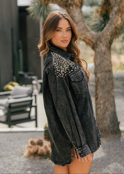Oversized Rhinestone Denim Jacket