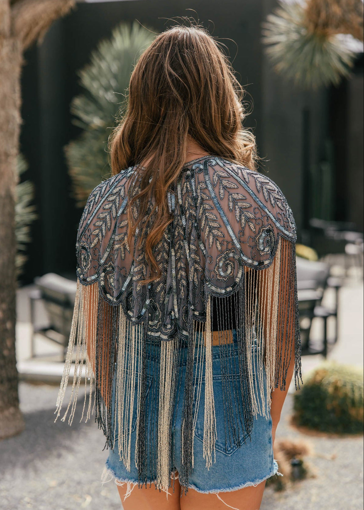 "VIP" Beaded Fringe Cape in Navy