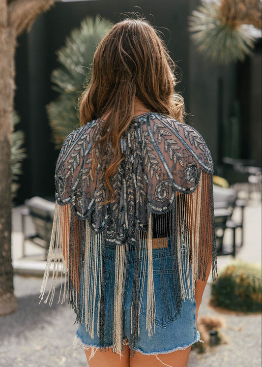 "VIP" Beaded Fringe Cape in Navy