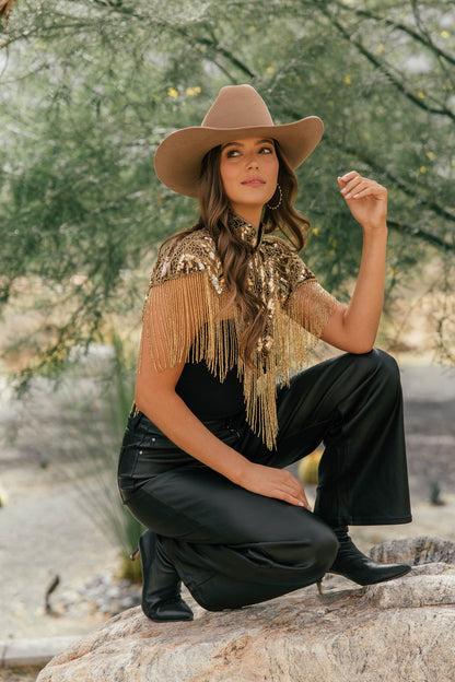 "VIP" Beaded Fringe Cape in Gold