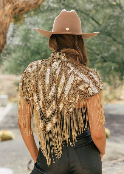 "VIP" Beaded Fringe Cape in Gold