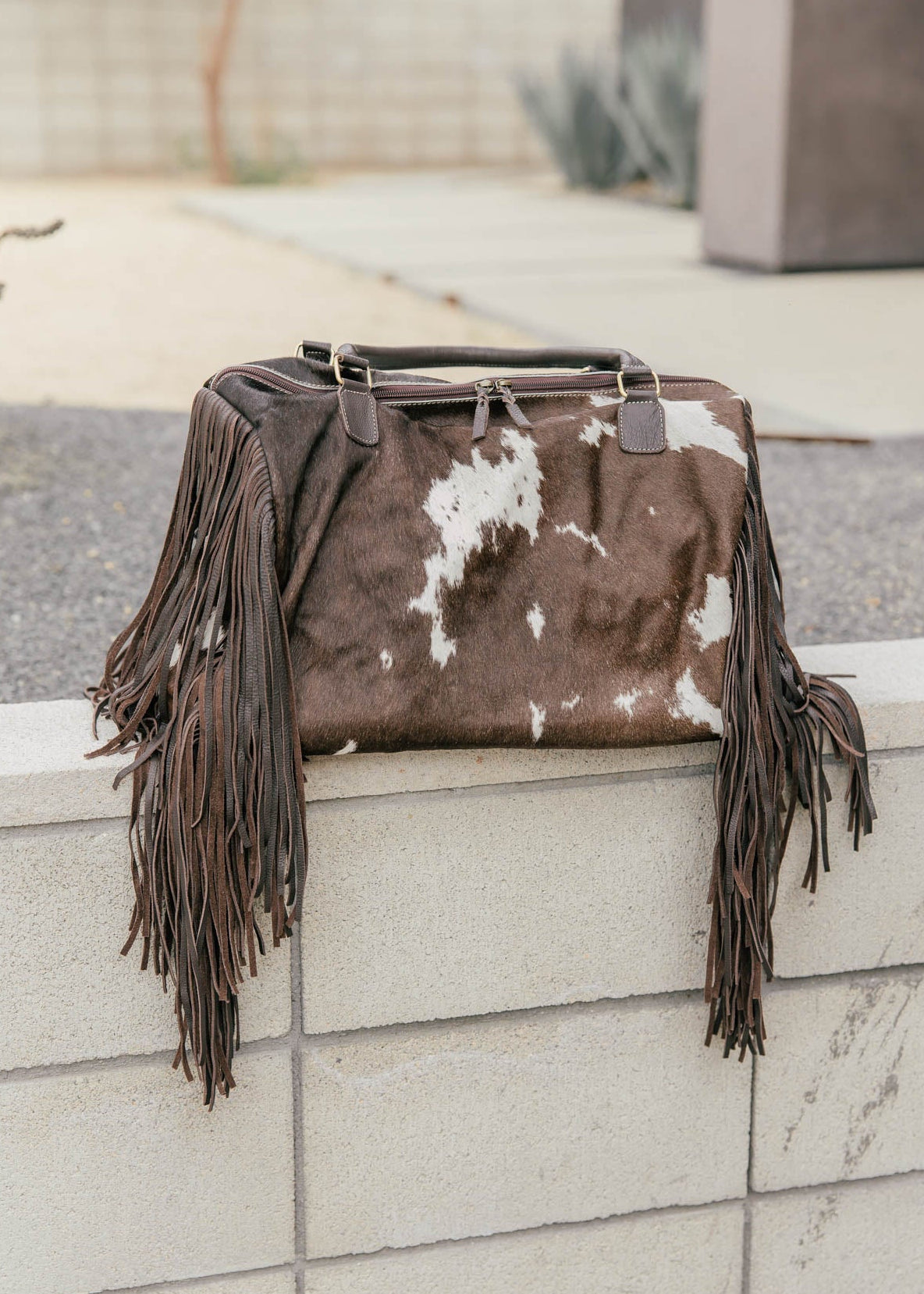Cowhide Fringe Weekender Bag - Dark Brown