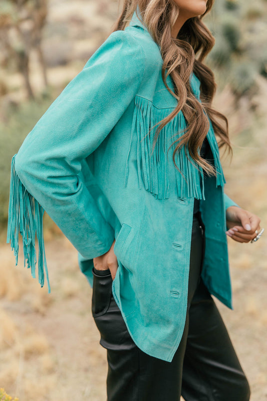 Turquoise Fringe Suede Blazer - PREORDER