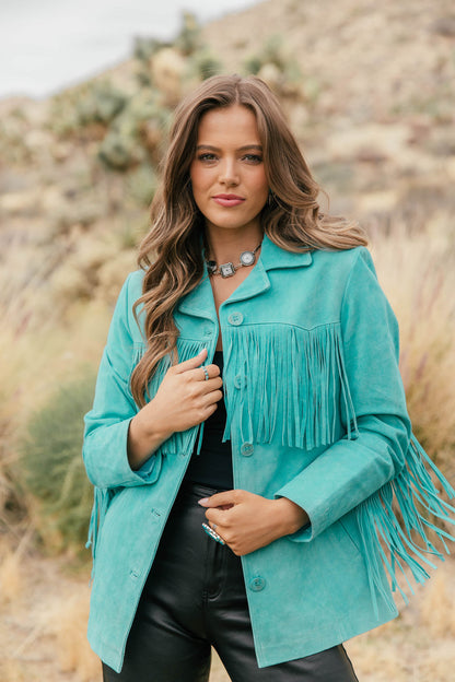 Turquoise Fringe Suede Blazer - PREORDER