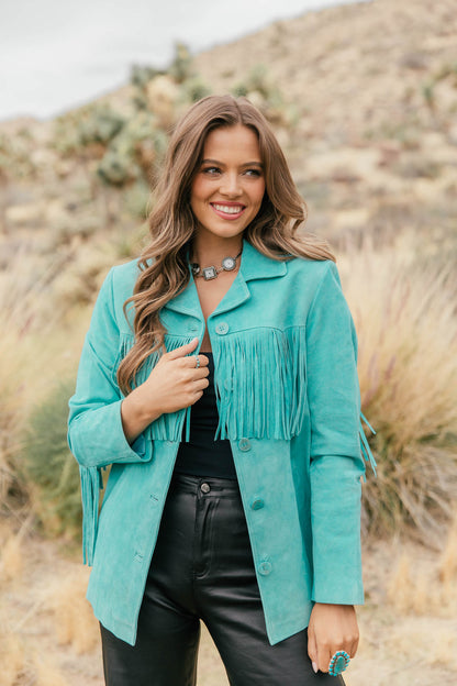 Turquoise Fringe Suede Blazer - PREORDER