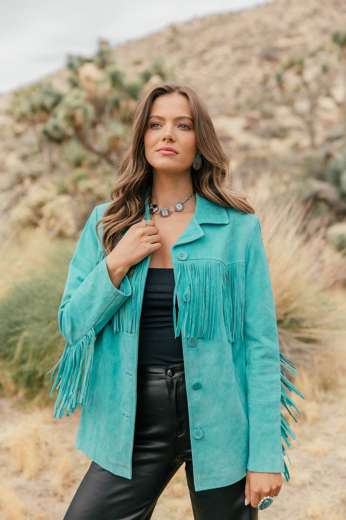 Turquoise Fringe Suede Blazer - PREORDER