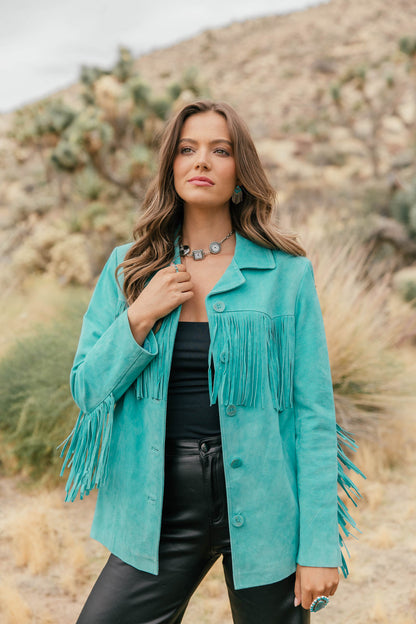 Turquoise Fringe Suede Blazer - PREORDER