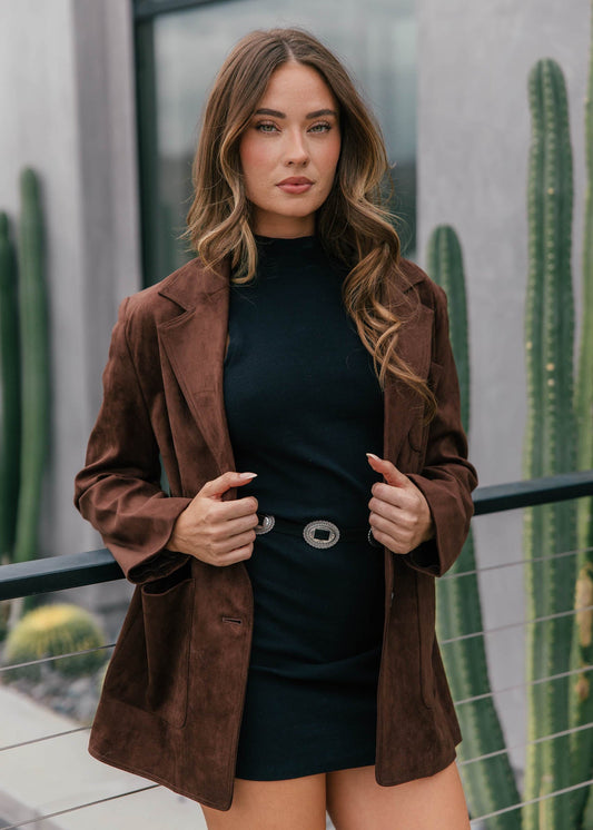 The Colette Suede Oversized Blazer - Dark Brown
