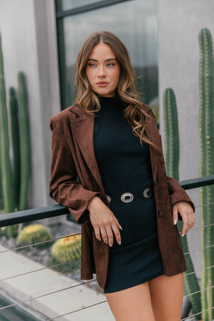 The Colette Suede Oversized Blazer - Dark Brown