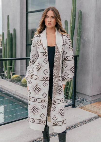 "Frontier" Aztec Print Cardigan in Cream