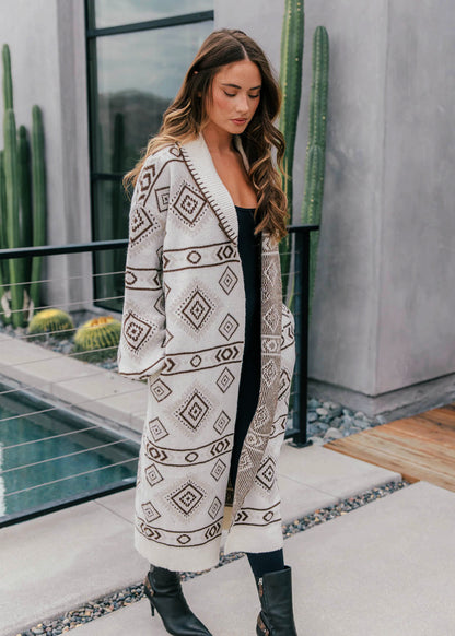 "Frontier" Aztec Print Cardigan in Cream