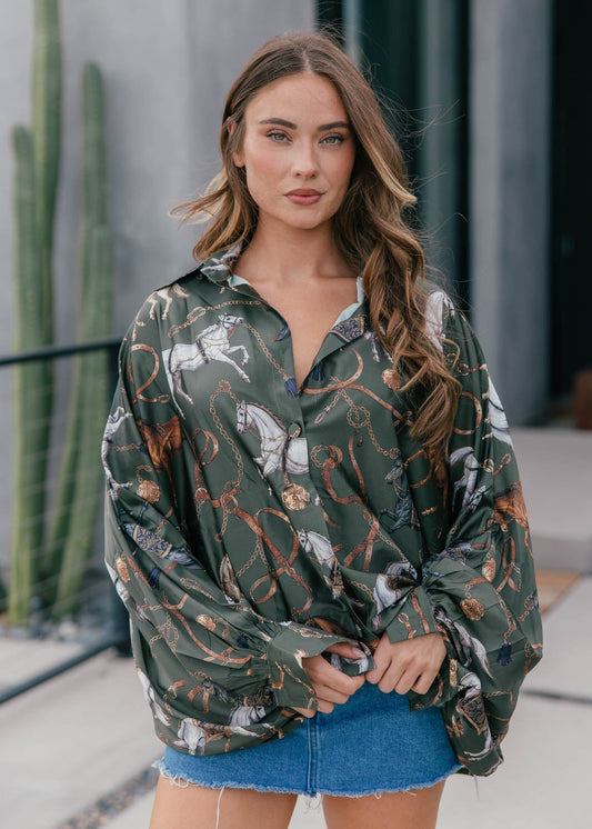 Horseprint Satin Top in Olive