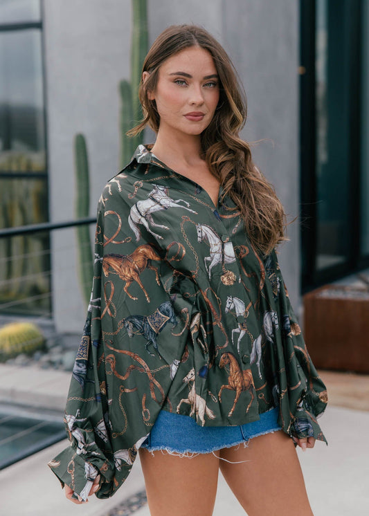 Horseprint Satin Top in Olive