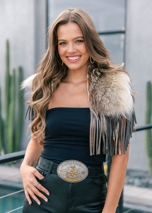 Vintage Coyote Fur & Leather Fringe Collar - Small Size
