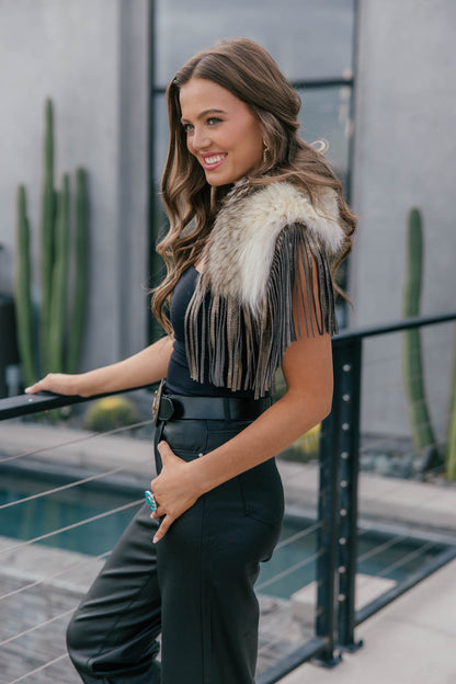 Vintage Coyote Fur & Leather Fringe Collar - Small Size