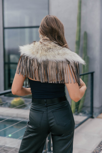 Vintage Coyote Fur & Leather Fringe Collar - Small Size