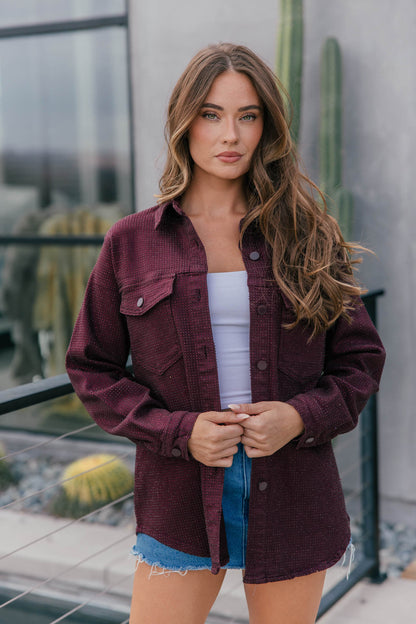 "Statement Made" Rhinestone Denim Jacket - Burgundy