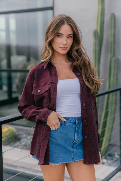 "Statement Made" Rhinestone Denim Jacket - Burgundy