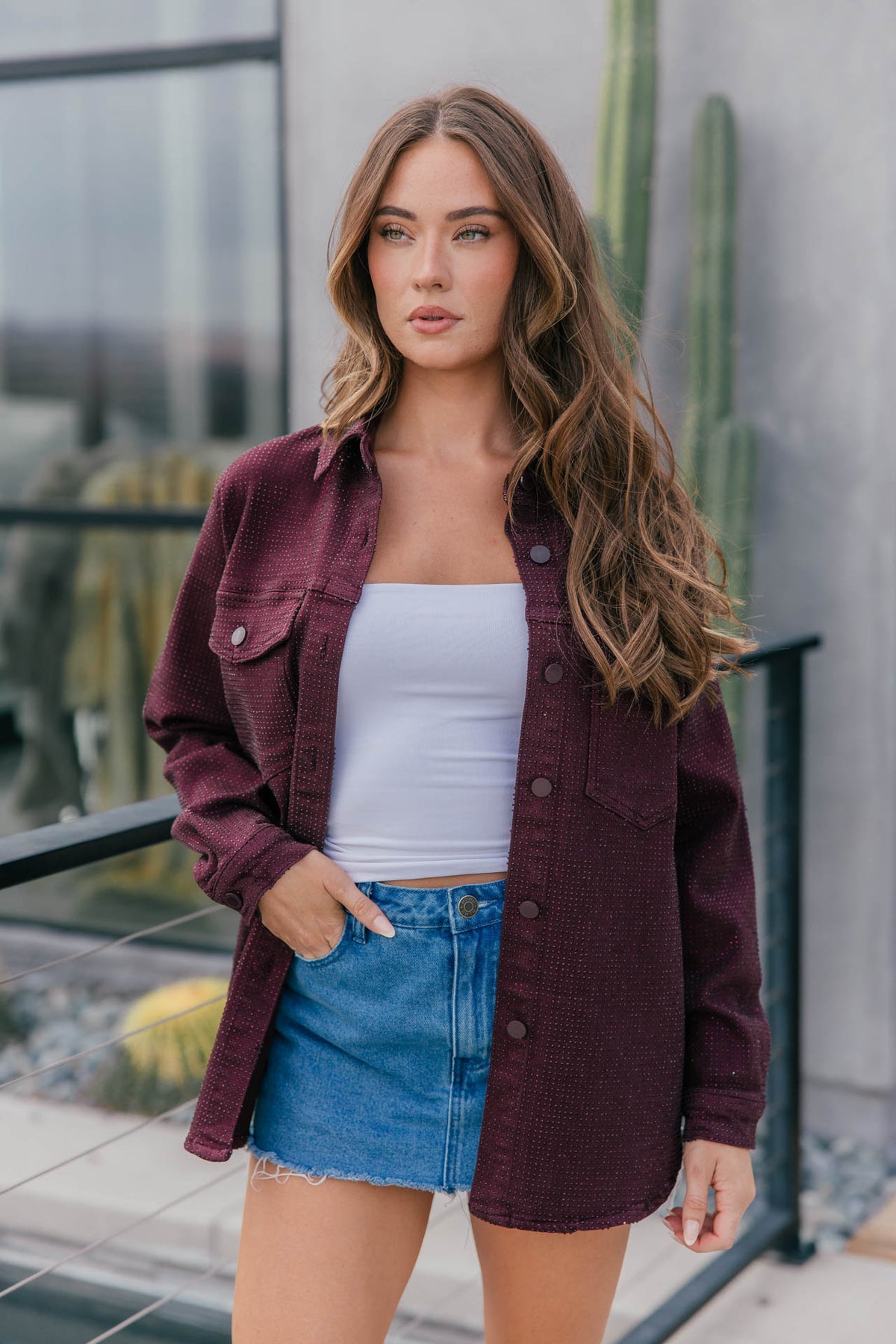 "Statement Made" Rhinestone Denim Jacket - Burgundy