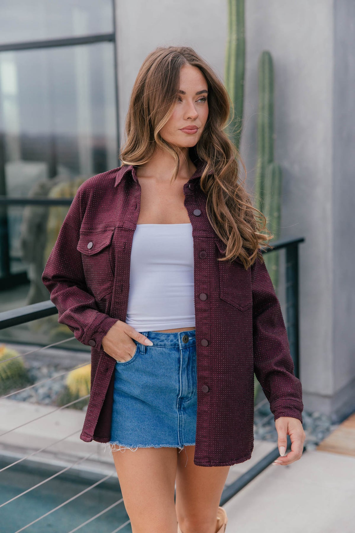 "Statement Made" Rhinestone Denim Jacket - Burgundy