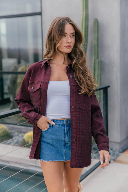 "Statement Made" Rhinestone Denim Jacket - Burgundy