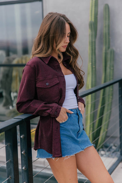 "Statement Made" Rhinestone Denim Jacket - Burgundy