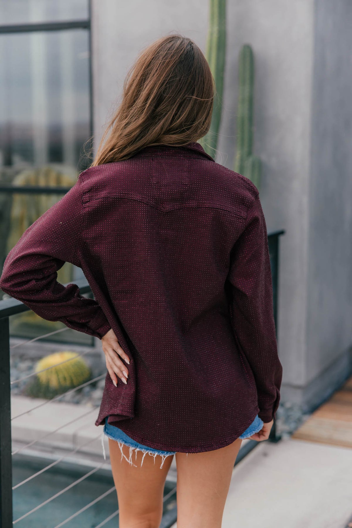 "Statement Made" Rhinestone Denim Jacket - Burgundy