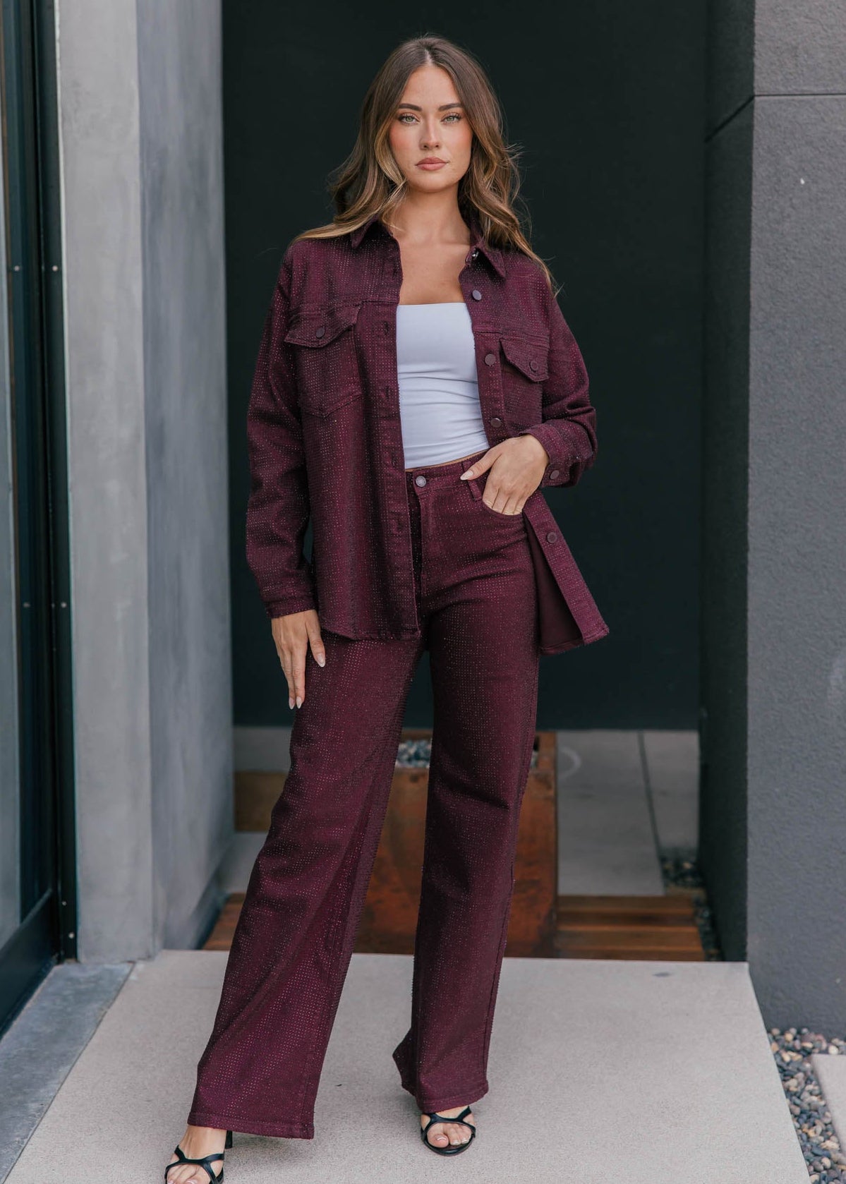 "Statement Made" Rhinestone Denim Jacket - Burgundy