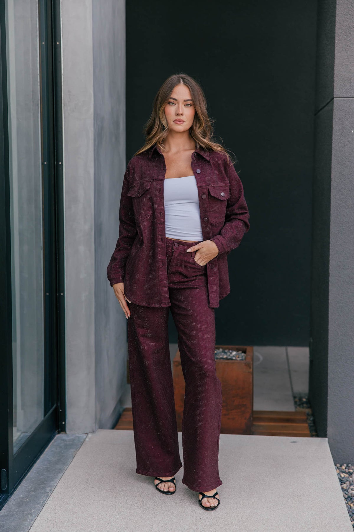 "Statement Made" Rhinestone Denim Jacket - Burgundy