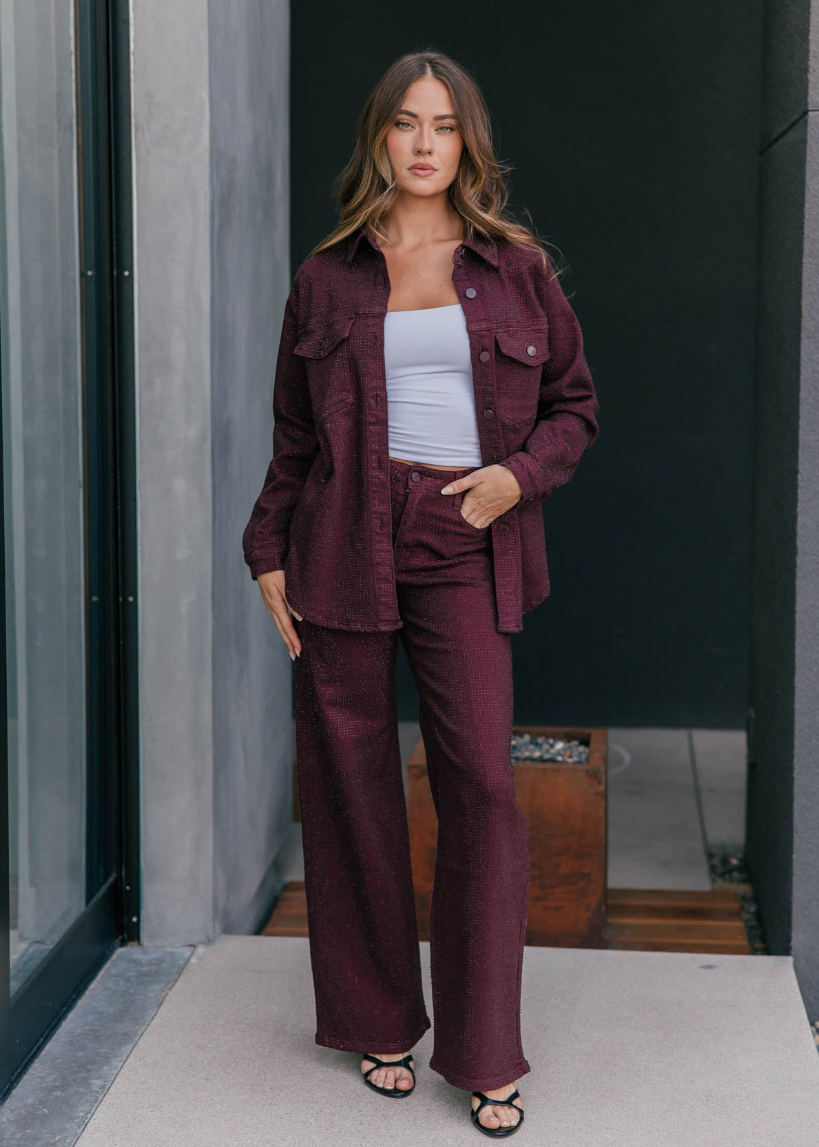 The "Icon Status" Rhinestone Straight Leg Jean - Burgundy