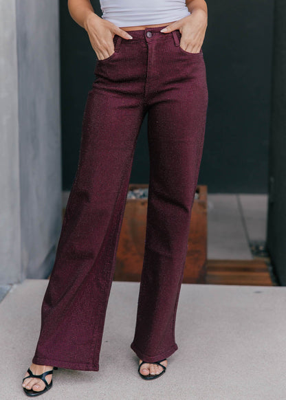 The "Icon Status" Rhinestone Straight Leg Jean - Burgundy