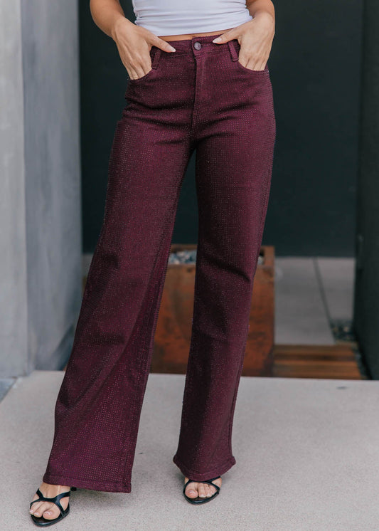 The "Icon Status" Rhinestone Straight Leg Jean - Burgundy