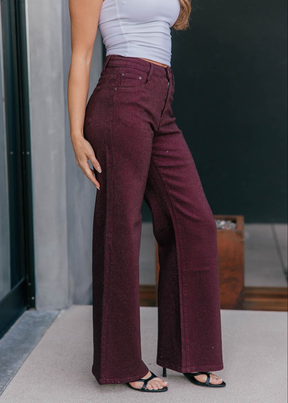 The "Icon Status" Rhinestone Straight Leg Jean - Burgundy