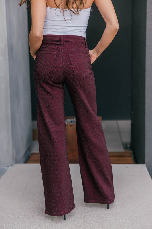 The "Icon Status" Rhinestone Straight Leg Jean - Burgundy