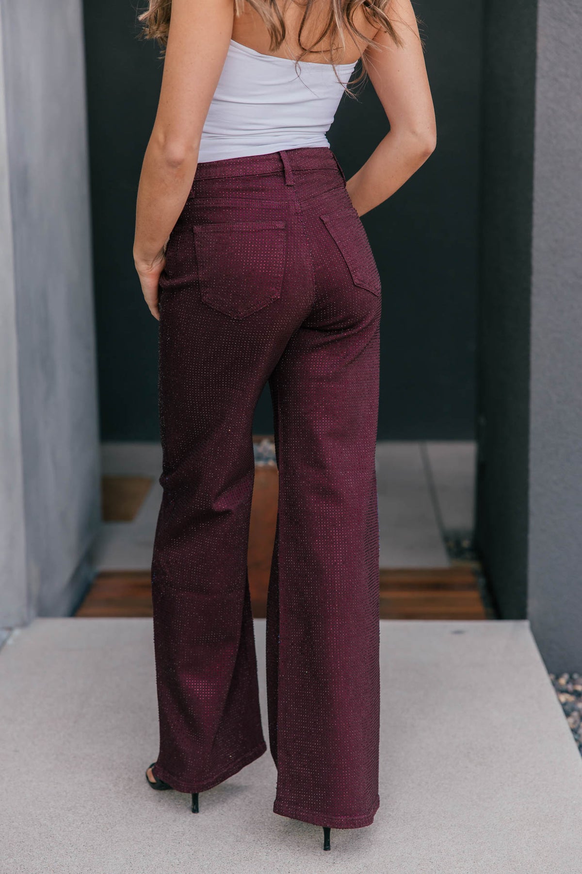 The "Icon Status" Rhinestone Straight Leg Jean - Burgundy