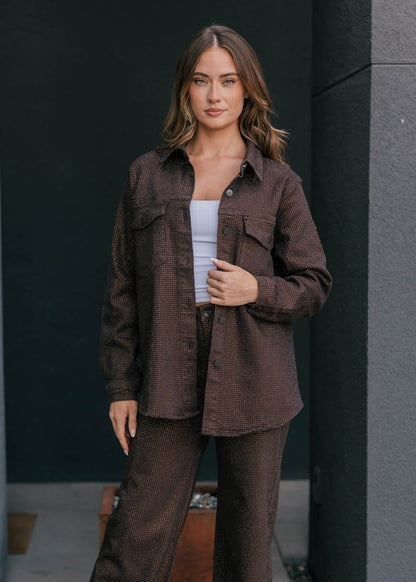 "Statement Made" Rhinestone Denim Jacket - Brown