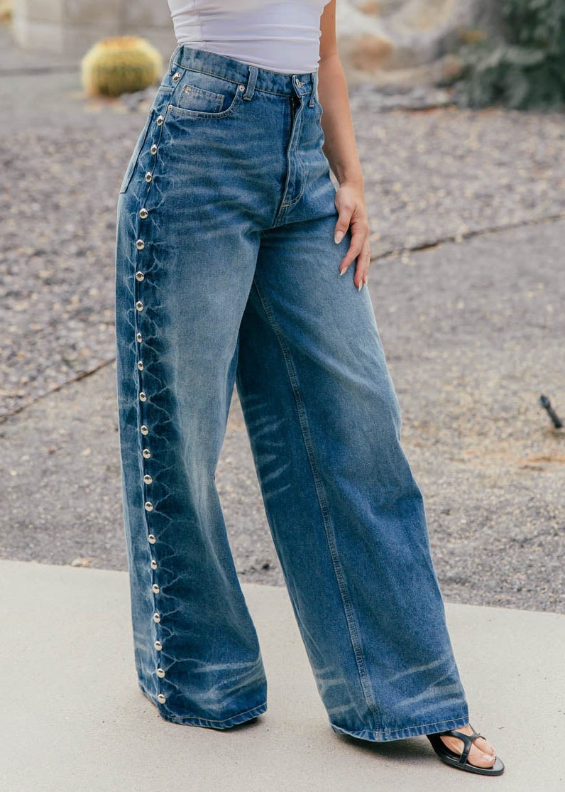 High Rise Wide Leg Studded Jeans