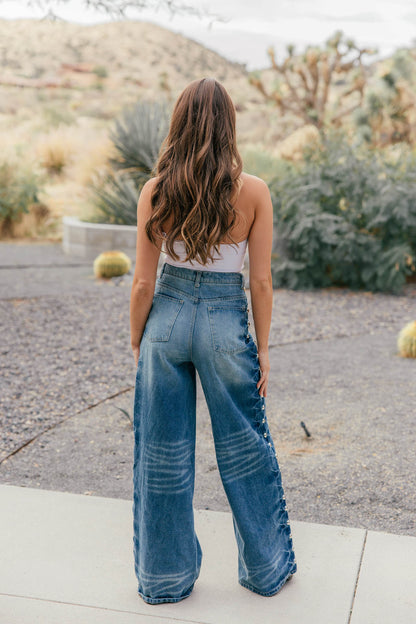 High Rise Wide Leg Studded Jeans