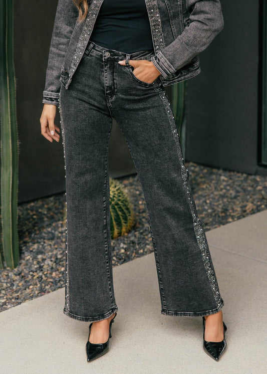 The "After Dark" Rhinestone Straight Leg Jean - Grey