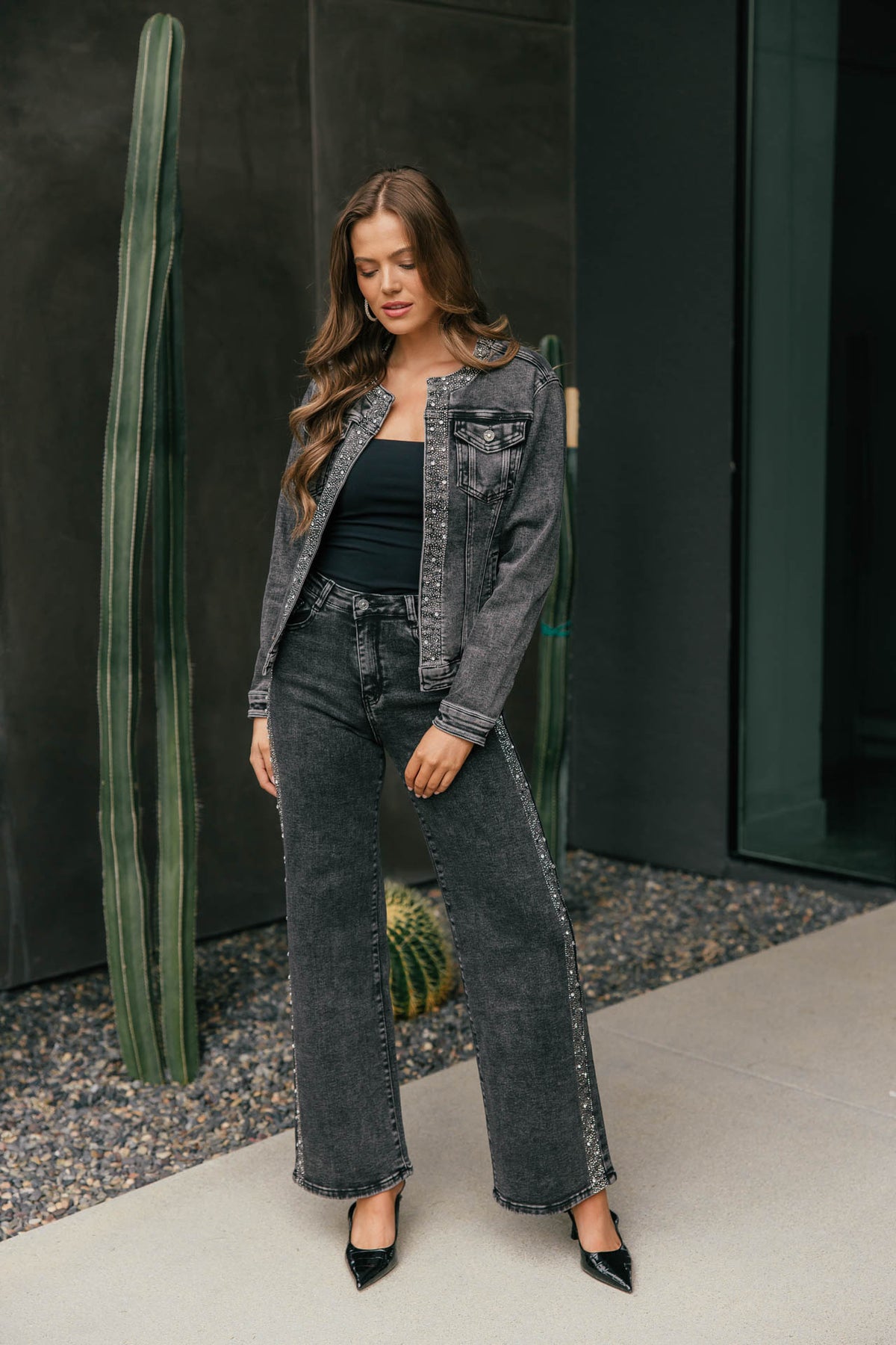 The "After Dark" Rhinestone Denim Jacket - Grey