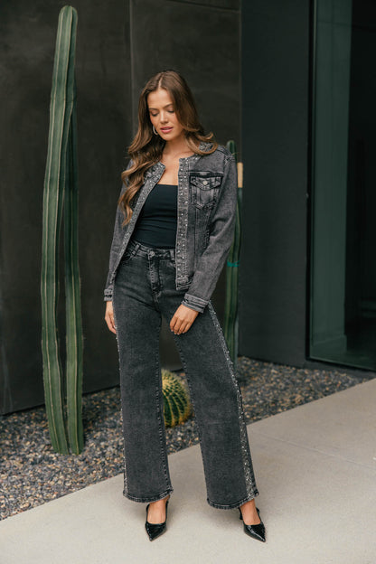 The "After Dark" Rhinestone Denim Jacket - Grey