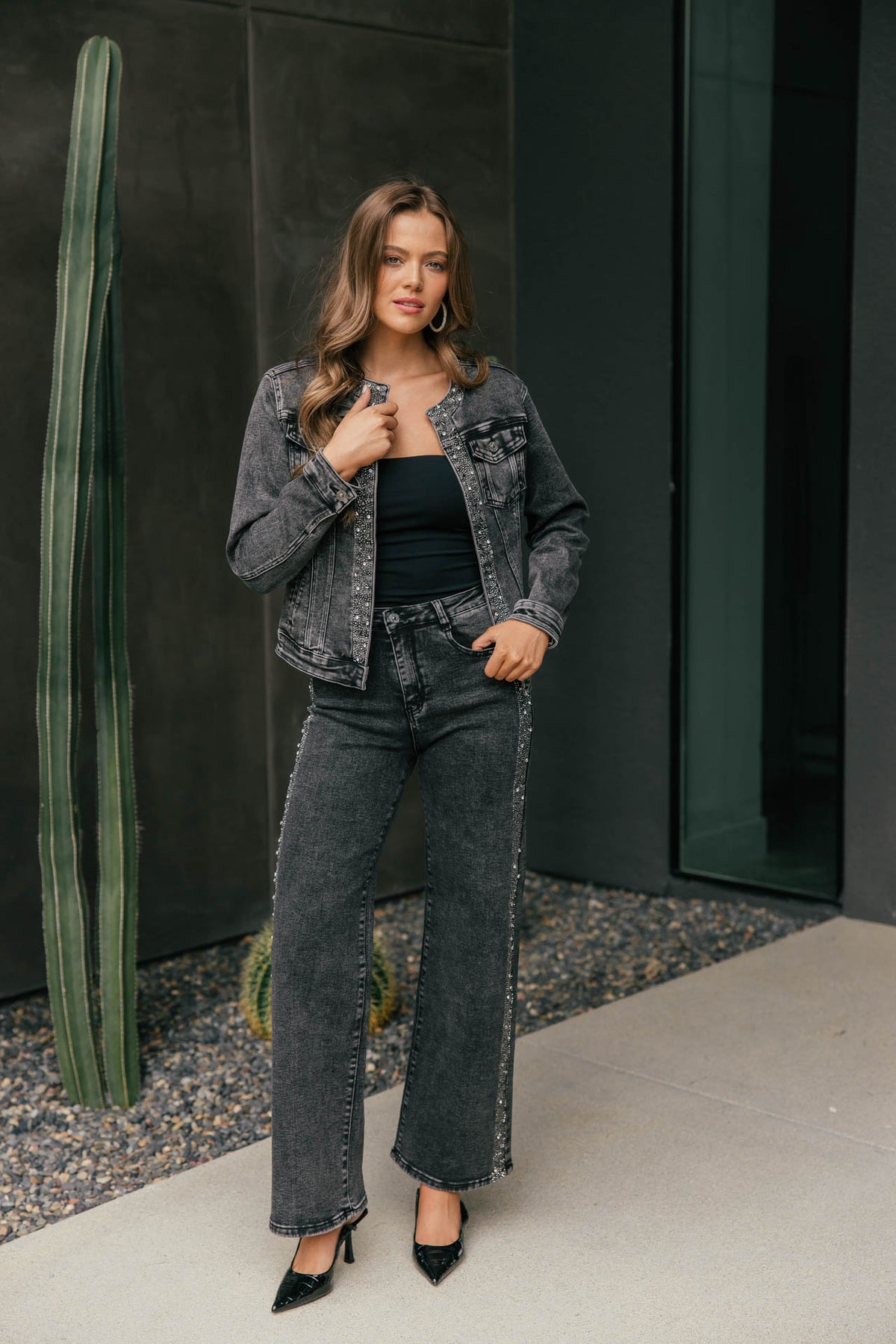 The "After Dark" Rhinestone Denim Jacket - Grey